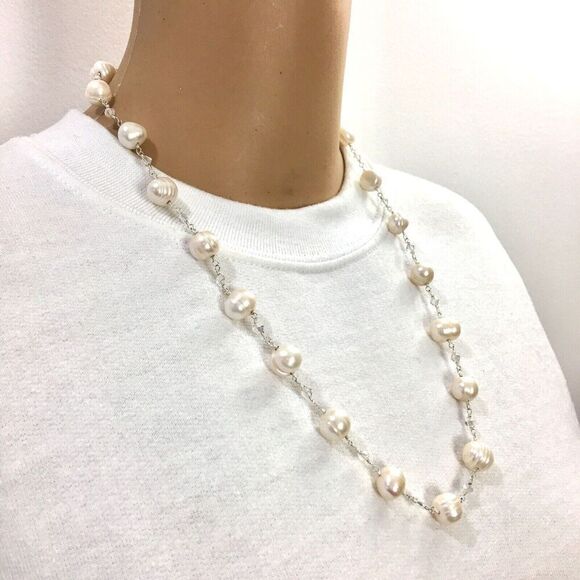 Baroque Pearl Necklace White Pearls AB Glass Beads Silver Tone Rosary Link 23in - Picture 1 of 10